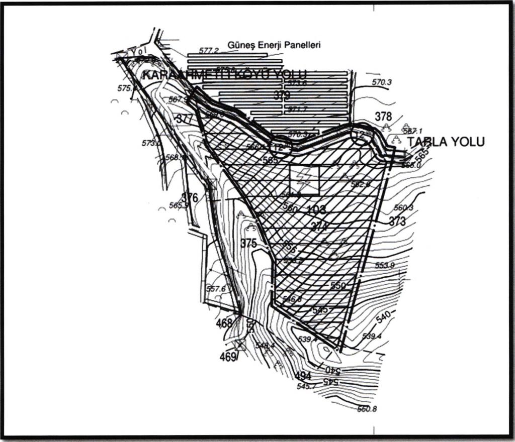 lik taşıt yolu olarak düzenlenmiş olup, geri kalan kısmı 26.566 m2.lik alan güneş enerjisi santral sahası olarak işaretlenmiştir.