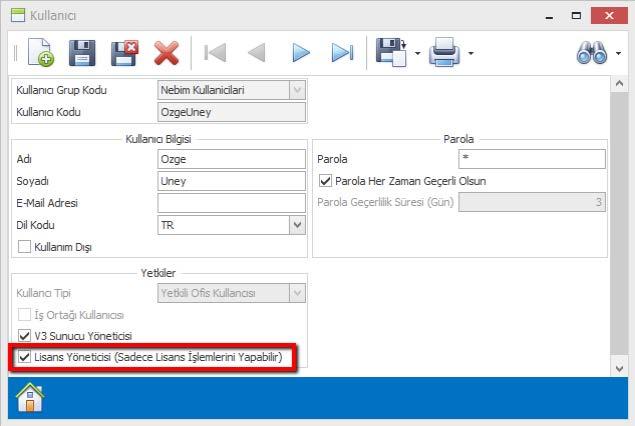 N Kullanıcı üzerine Lisans Yöneticisi parametresi eklendi. Lisans Yöneticisi seçilen kullanıcı, sadece Lisans Yönetimi programını kullanabilecektir.