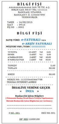 İrsaliye yerine geçen bilgi fişinde satılan malın cinsinin, miktarı ile diğer satış bilgilerinin, imzalanacak bölümün ve İRSALİYE YERİNE GEÇER ibaresinin bulunması zorunludur.