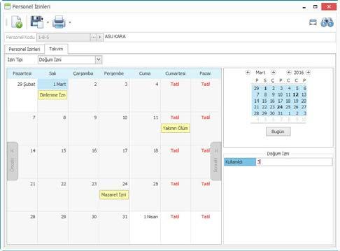 İ E İnsan Kaynakları ve Personel Ücretlerinde; Personel izinlerinin takvim üzerinden pratik bir şekilde girilebilmesi, ücretsiz izin tipleri için eksik çalışma nedenleri girişi, sigortalı işe giriş
