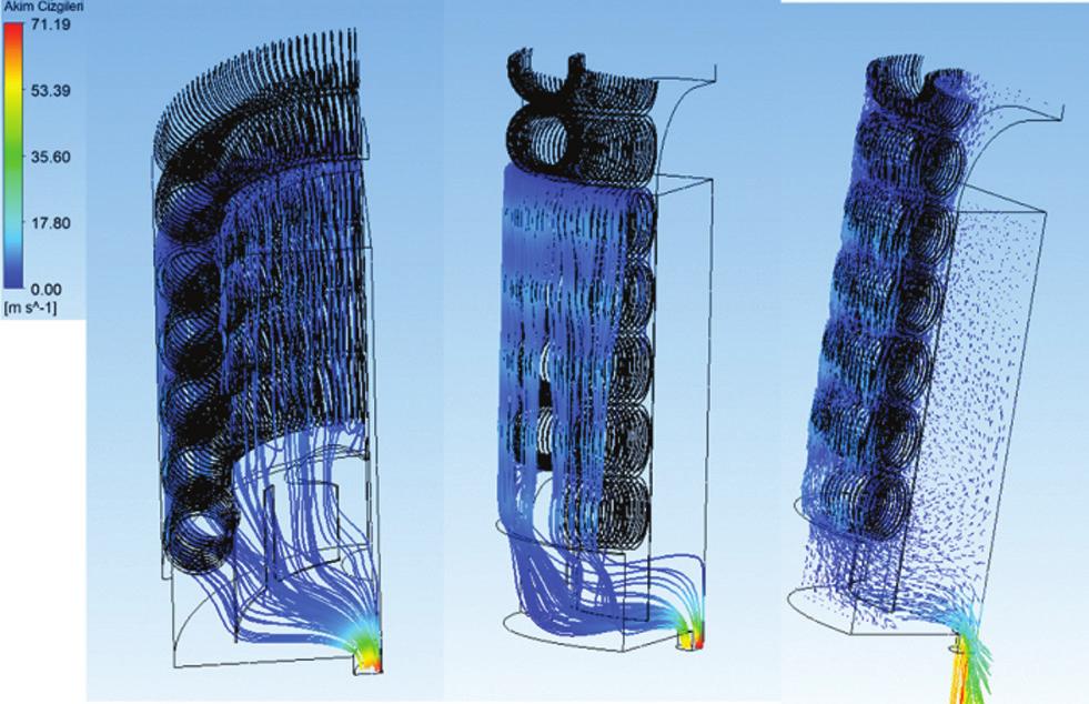 Yanma ünitesi iç hava hacminin alt bölgesinde gerçekleşen hava akışına ait detaylı bulgular Şekil 8 de verilmiştir. Atık gaz, yönlendirici sayesinde ısı değiştiricisi üzerine gönderilmektedir.