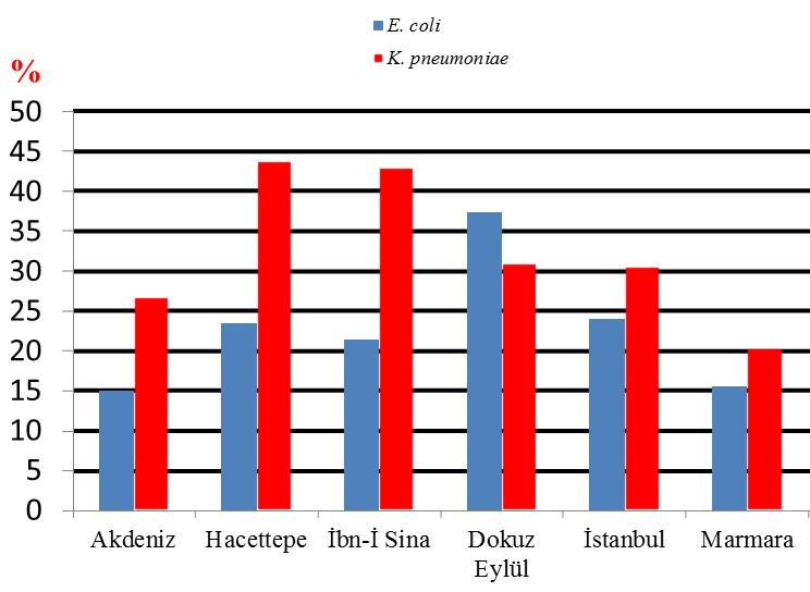 Şekil 1.35 Türkiye de 2000-2003 arasında GSBL üreten E.coli ve K. pneumoniae sıklığı (Korten vd. 2007 den uyarlanmıştır) Şekil 1.