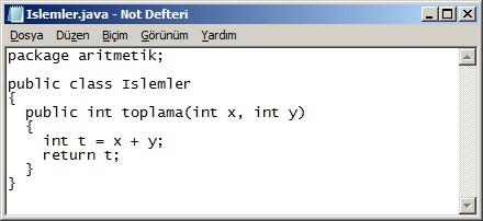 Bölüm 4: Paket Hazırlamak ve Kullanmak 95 Bu kod dosyasını, paket olarak değerlendirmek istediğimiz aritmetik klasörüne kaydetmiş olduğumuz için sınıfta package anahtar kelimesine yer verip bu sınıfı