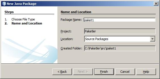 Bu sırada Finish düğmesi tıklanırsa, NetBeans tarafından bir paket, daha doğrusu içeriği boş bir klasör hazırlanır.