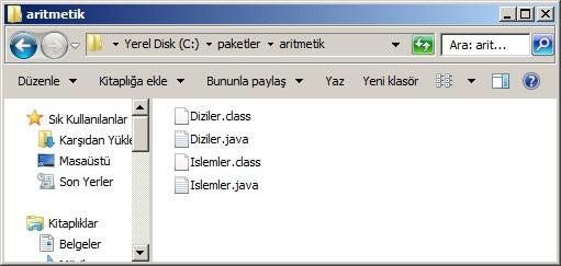 Bölüm 4: Paket Hazırlamak ve Kullanmak 91 Diziler.java adını verdiğimiz bu kod dosyası hazırlanıp derlendikten sonra Diziler sınıfı istenen uygulamada kullanılabilir.