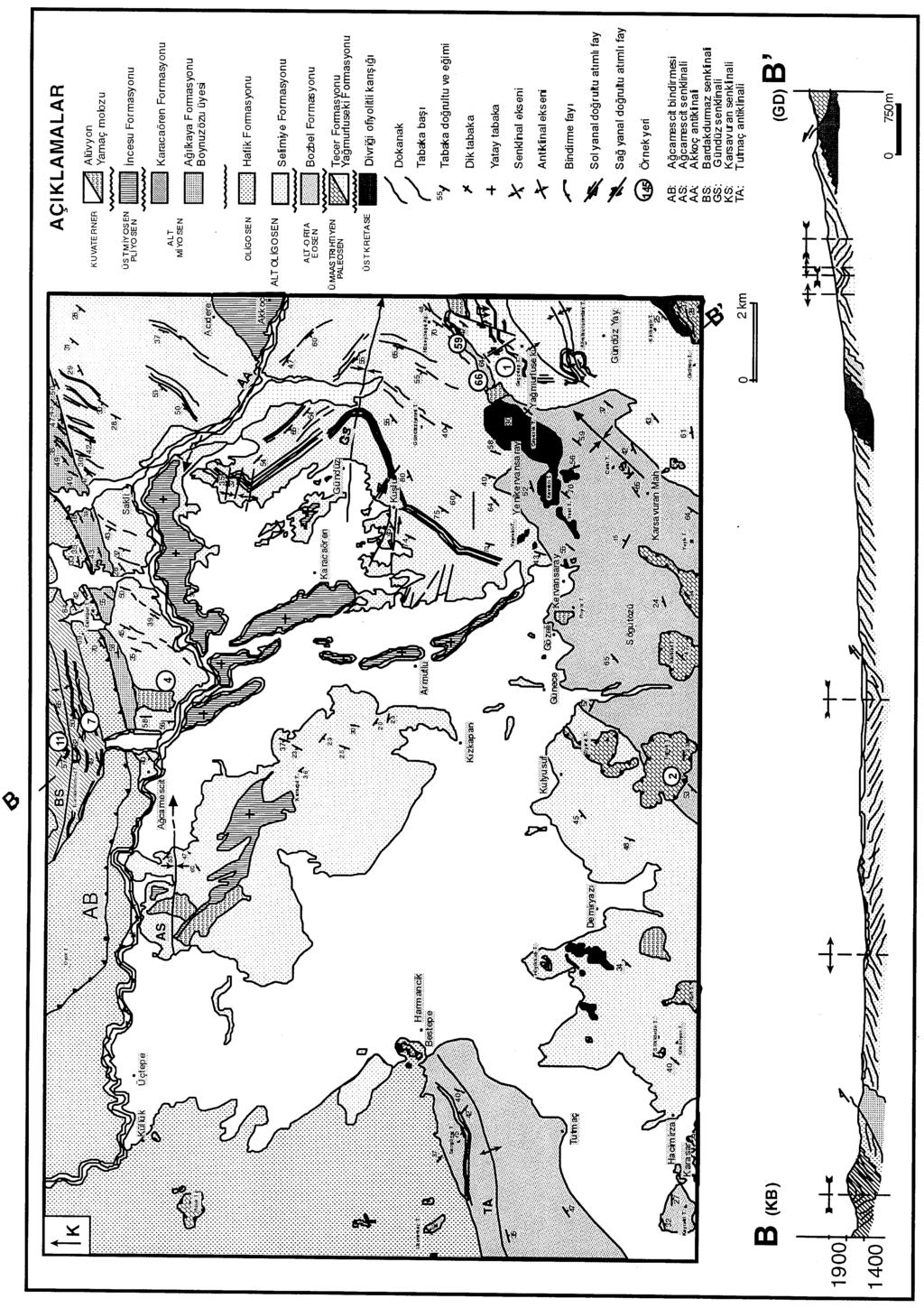 122 Yerbilimleri Þekil 8: Karacašren yšresinin jeoloji haritasý ve enine