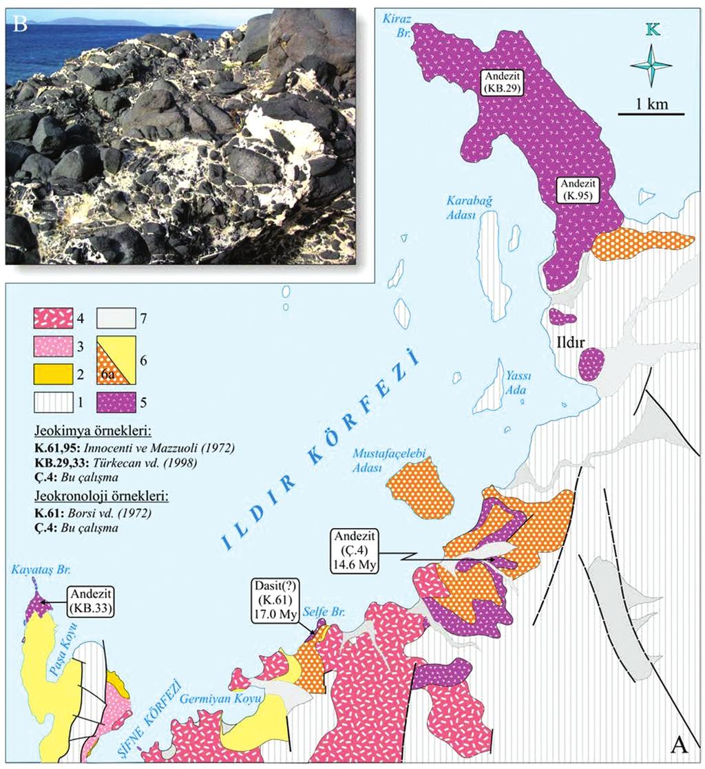 Fikret GÖKTAŞ Şekil 10. A) Zeytineli Formasyonu nun inceleme alanındaki dağılımı. 1. Neojen öncesi temel kayaları, 2. Şifne Formasyonu, 3. Alaçatı Tüfü, 4. Reisdere Volkaniklastikleri, 5.
