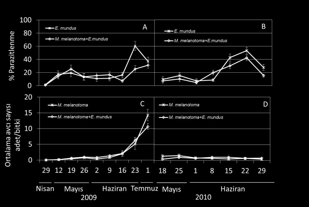 Karut et al., Türk. entomol. derg., 2016, 40 (1) Parazitoit, Eretmocerus mundus aktivitesi Genel olarak, her iki yılda da % parazitlenme oranı tek başına E.