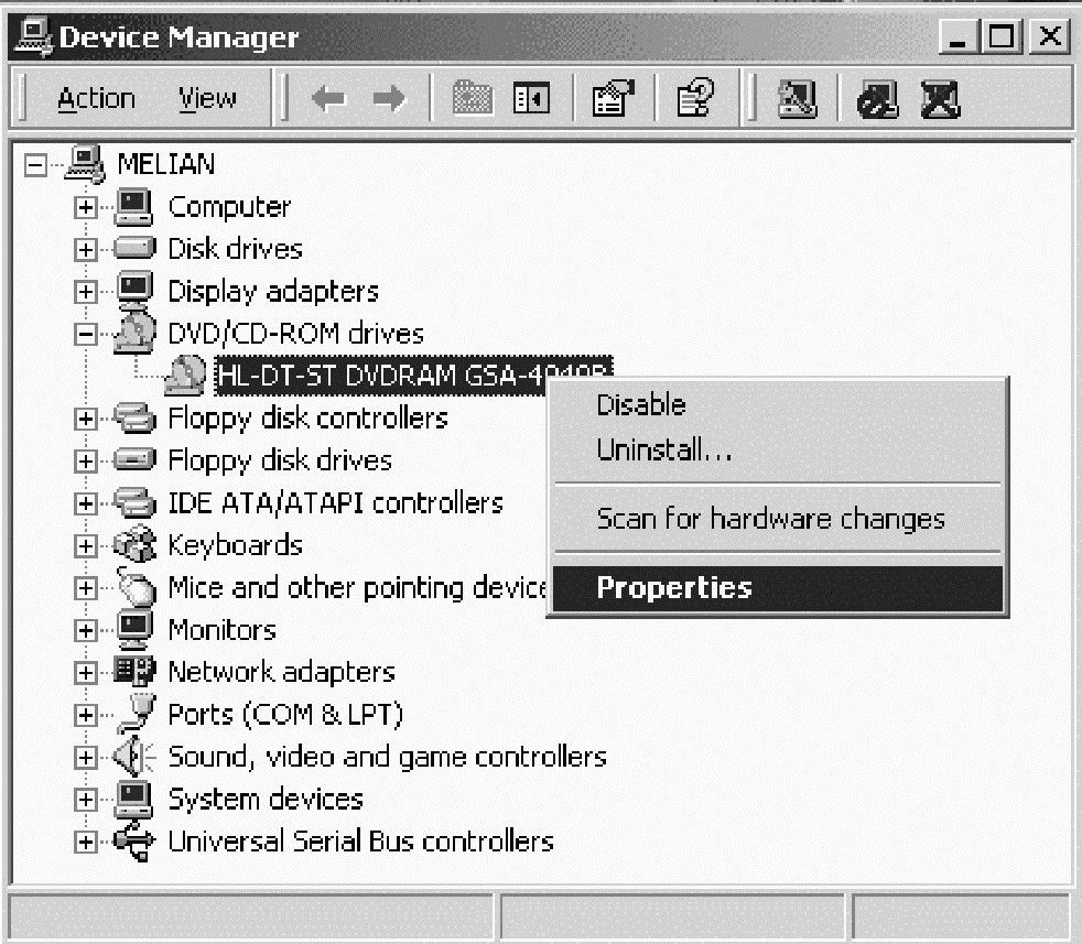 3. Device Manager (Aygıt Yöneticisi) penceresinde, alt menüleri görüntülemek için DVD/CD-ROM sürücüleri seçeneğinin yanında bulunan + işaretini tıklatın, alt menü sürücüsünü sağ tıklatın ve