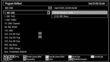 EPG menüsü, tüm kanallar hakkındaki mevcut bilgileri görüntüler. TV programı bilgilerinin otomatik olarak güncellendiini unutmayınız.