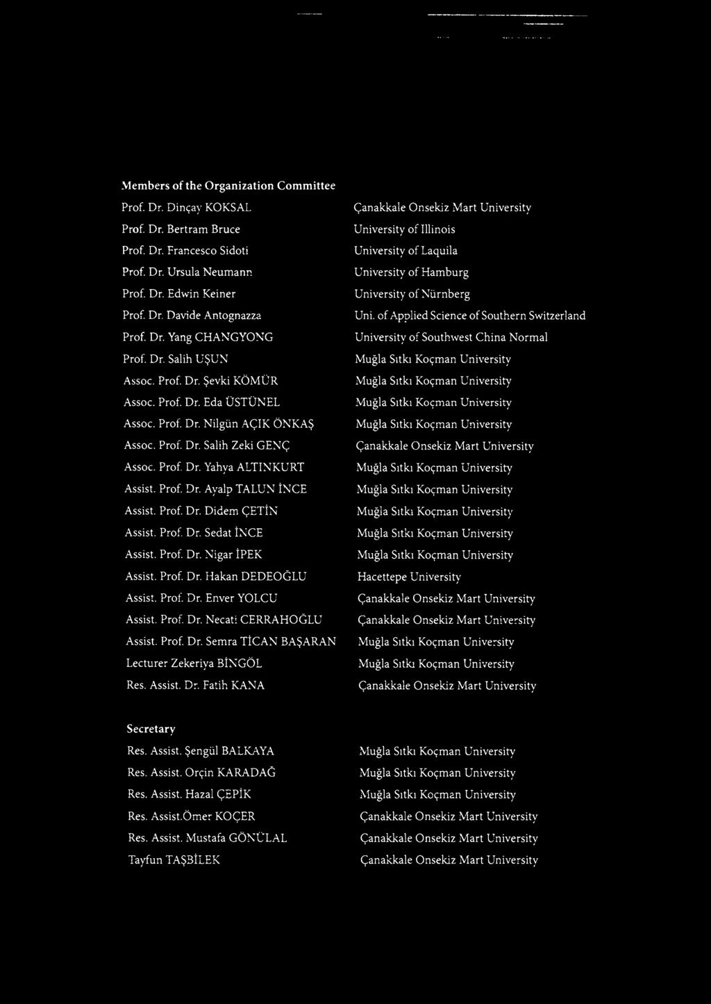 Members of the Organization Committee Prof. Dr. Dinçay KOKSAL Prof. Dr. Bertram Bruce Prof. Dr. Francesco Sidoti Prof. Dr. Ursula Neumarm Prof. Dr. Edwin Keiner Prof. Dr. Davide Antognazza Prof. Dr. Yang CHANGYONG Prof.