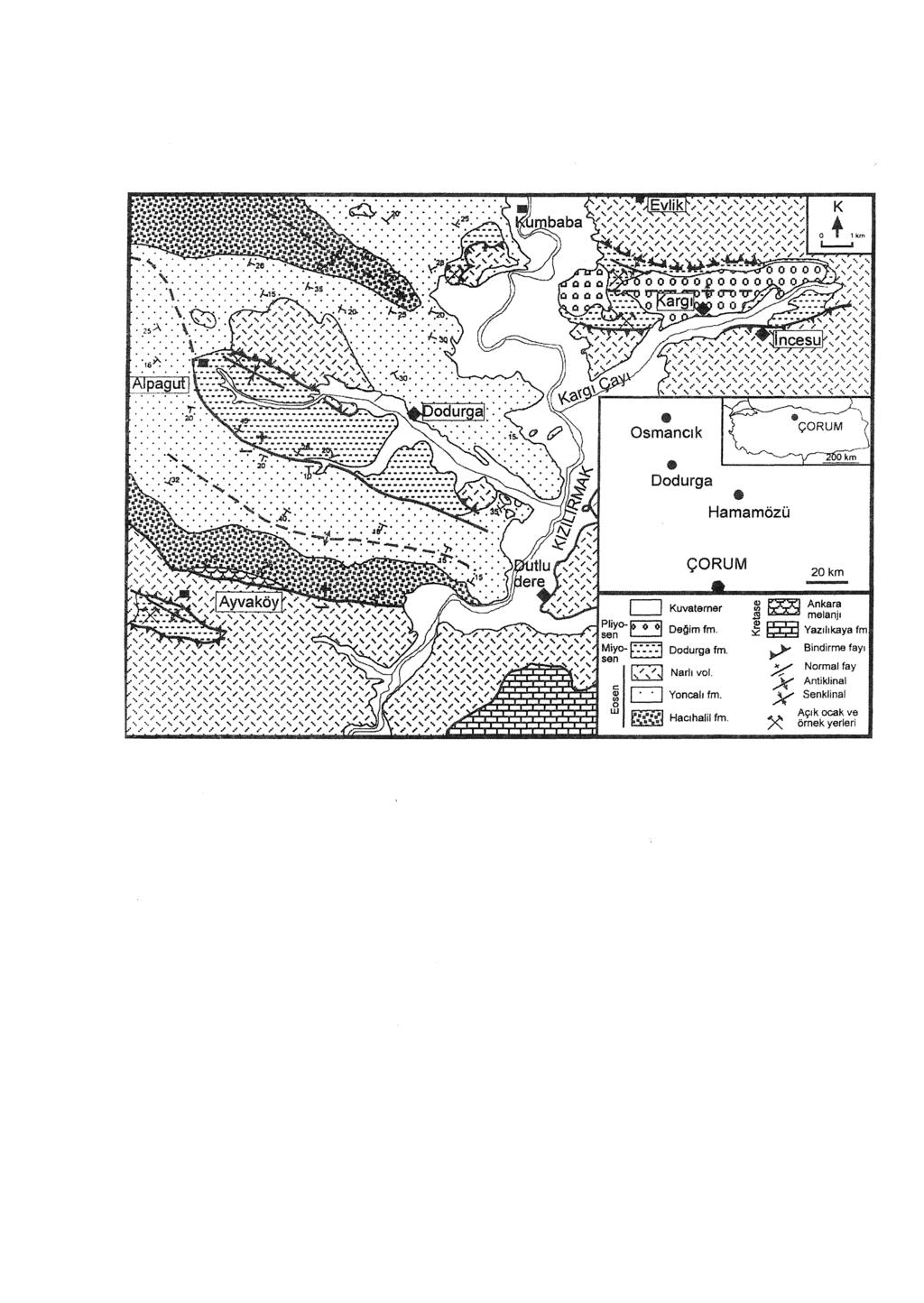 YALÇIN - KARSLI Şekil 1. Dodurga çevresinin yerbuldum ve jeoloji haritası (Karslı, 1996). Figure I. Location and geology map of Dodurga region (Karslı, 1996).