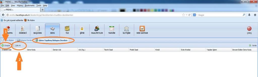 9- Anabilim Dalınızda yer alan derslerle ilgili yukarıda açıklanan çalışmayı tamamladığınızdan emin olduktan sonra İşlem Yapılmış Bologna Dersleri butonuna (2) basınız.