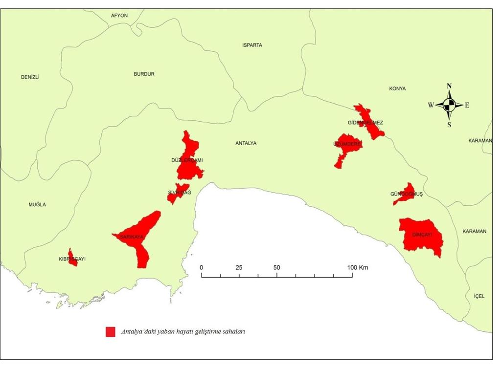 Şekil 4.1. Antalya daki yaban hayatı geliştirme sahaları 4.1.2. Antalya Akseki İbradı Üzümdere yaban hayati geliştirme sahası Akseki İbradı Üzümdere Yaban Hayatı Geliştirme Sahasına 13.06.