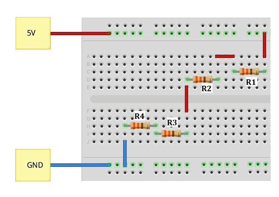 Şekil 4 Seri Bağlama Şekil 4 te breadboard üzerinde 4 direnç gösterilmiştir. R1 ve R2 dirençleri ilk kısımda kendi aralarında seri bağlanmıştır.