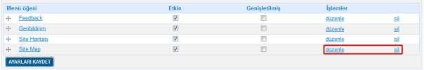 7.2.2. Sağ Alt Menü Elemanı Düzenleme Düzenlemek istediğiniz menü öğesinin satırında bulunan
