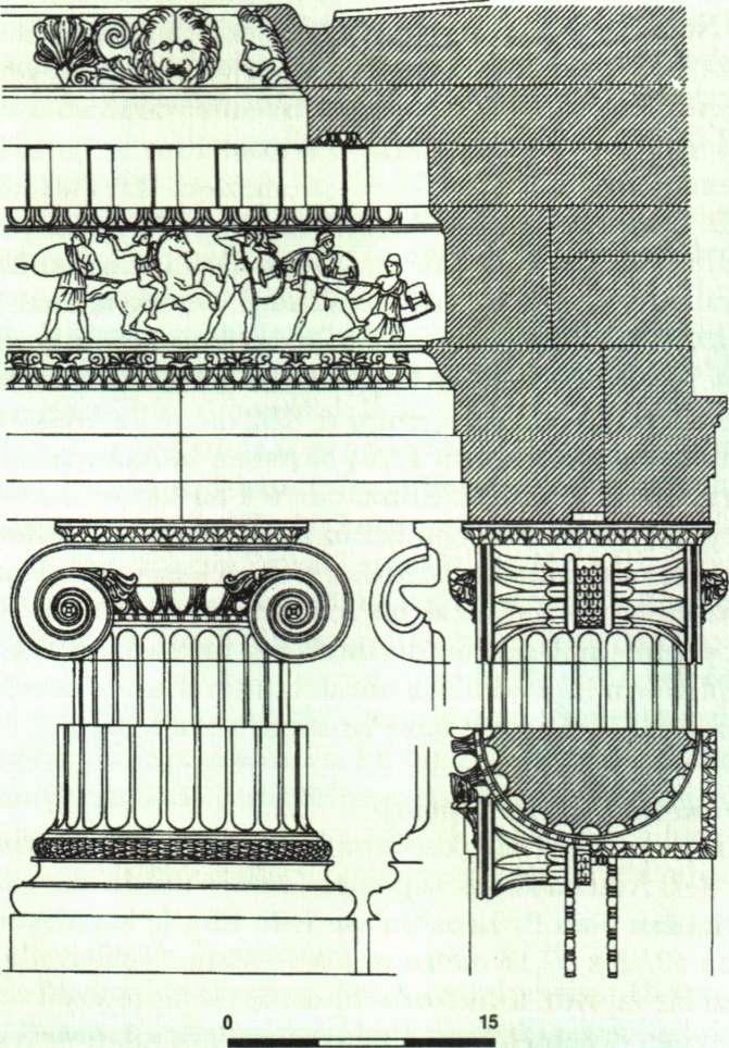 YUNAN MÎMARLIĞI alışılmamış olan ve Yunan anakarasının Dorik etkisine işaret eden fazla derin olmayan bir sahte açıklık yer alıyordu. İonik Düzen biçemi her şeye karşın geleneklere dayanmaktadır.