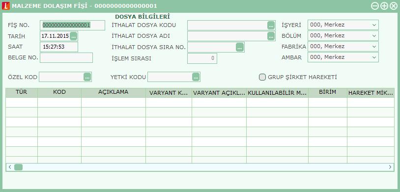 İthalat Dosya Adı: Dolaşım bilgileri kaydedilecek malzemenin ithalat dosya adıdır. Bu alandan da kayıtlı ithalat dosyaları listelenir ve seçim yapılabilir.