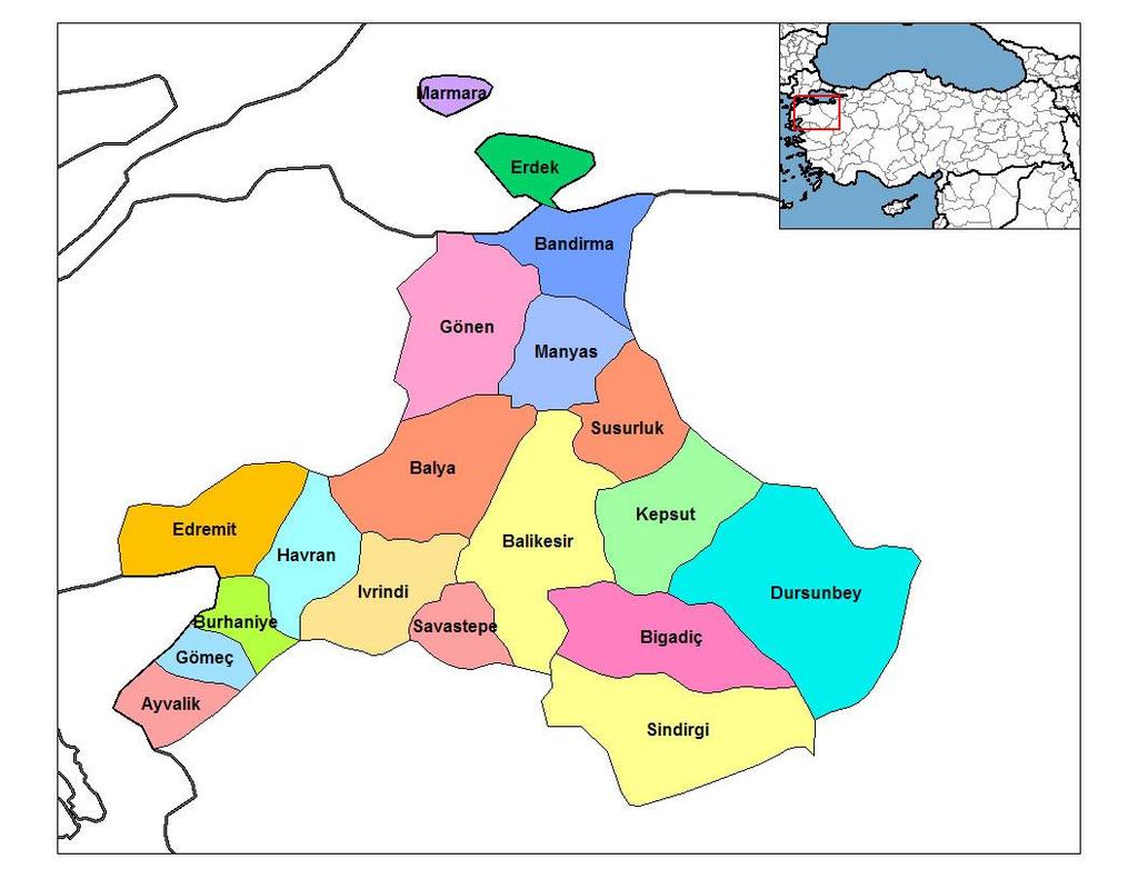 bölgesini oluşturur [19]. Kuzeyinde Kazdağı, Eybek Dağı ve Gürgen Dağı ile çevrilen şehir aynı adı taşıyan 10 km içerde kurulmuştur. İlçenin iskelesi Akçay Beldesinde olup şehre 9 km uzaklıktadır.