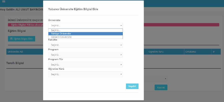 görsel) (Birden fazla programdan mezun ya da öğrenci olan adayların başvuruda bulunurken kullanmak istedikleri programı seçerek ilerlemeleri gerekmektedir.