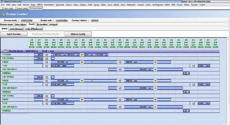 Gantt Şeması Tamamlanan ya da devam eden üretiminizin, hangi tarih ve saatlerde ne işlem gördüğünü görüntüleyebilme imkanı sunan gantt şeması alanından faydalanarak, üretimde yaşanan aksaklıkları net