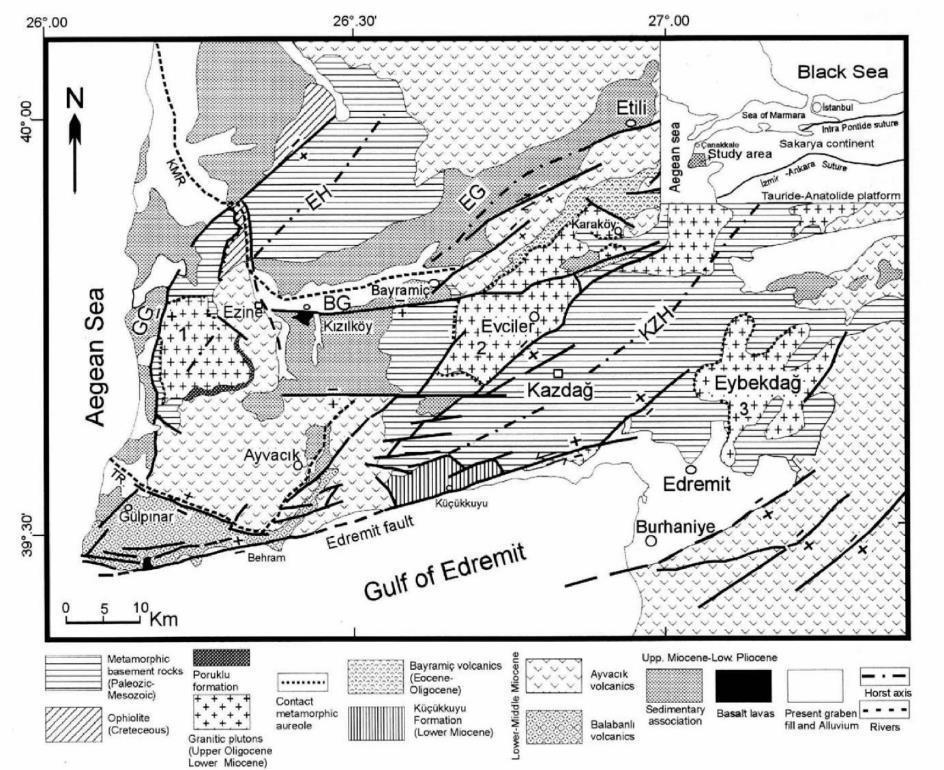 Şekil 7. Edremit körfezi ve çevresinin basitleştirilmiş jeoloji haritası.