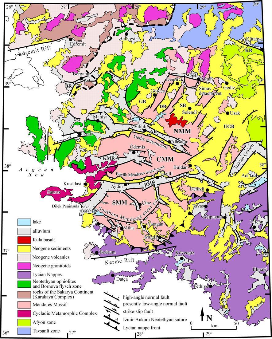 Şekil 3: Menderes masifi ve alt üyelerini gösteren batı Türkiye nin jeolojik haritası (Bozkurt 2007 dan).
