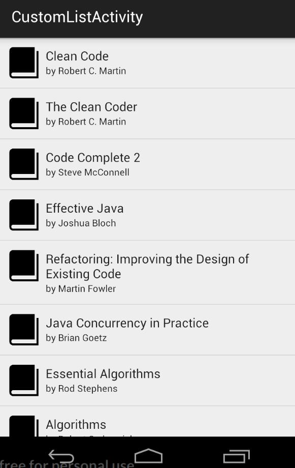 CUSTOM LİST TEST public class CustomListTest extends ActivityInstrumentationTestCase2<CustomListActivity> { private static final String BOOK_TITLE = "Java