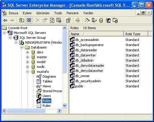 3.Şekil:Veritabanı rolleri Enterprise Manager araç çubuğundan Yeni ( New) simgesini tıklayalım.