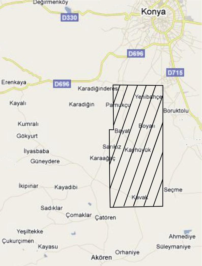 Alakova Kavak Arasinin (Konya Güneyi) Tektono Stratigrafisi 27 KONYA Alakova Kavak Şekil 1. Çalışma alanının yer bulduru haritası. Figure 1. Location map of the study area.