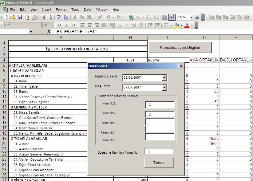 Excel de Raporlama Programda var olan raporların dışında, Excel de Navigator fonksiyonlarıyla oluşturulmuş Kar/Zarar ve Bilanço Tabloları hazırlanmıştır.
