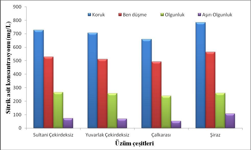 Şekil 3.34: Üzüm çeşitlerinin farklı olgunlaşma dönemlerinde Malik asit konsantrasyonunda meydana gelen değişimler Şekil 3.