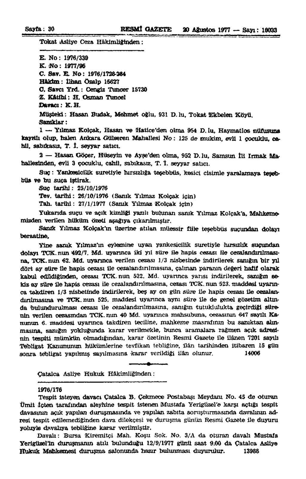 Sayfa: 30 RESMI GAZETE 20 Ağustos 1977 Sayı: 16033 Tokat Asliye Ceza Hâkimliğinden: E. No: 1976/338 K. No: 1977/96 C. Sav. E. No: 1976/1728-384 Hâkim: İlhan Özalp 15627 C. Savcı Yrd.