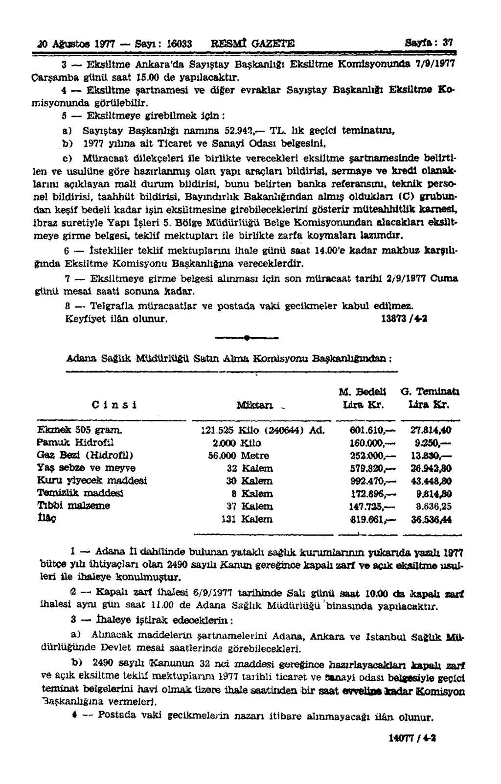 20 Ağustos 1977 Sayı: 16033 RESMÎ GAZETE Sayfa: 37 3 Eksiltme Ankara'da Sayıştay Başkanlığı Eksiltme Komisyonunda 7/9/1977 Çarşamba günü saat 15.00 de yapılacaktır.