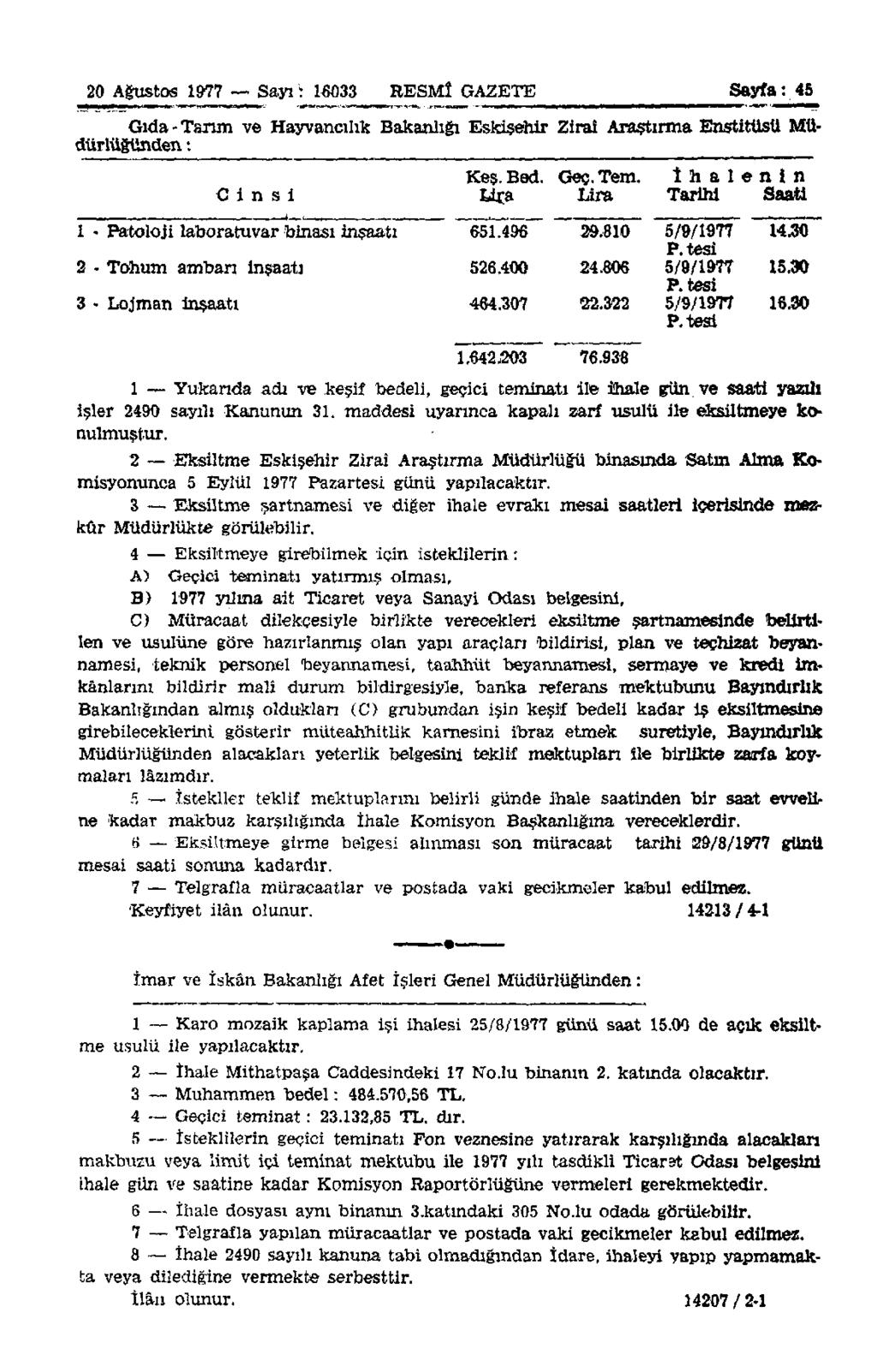 20 Ağustos 1977 Sayı i 16033 RESMÎ GAZETE Sayfa: 45 Gıda - Tarım ve Hayvancılık Bakanlığı Eskişehir Ziraî Araştırma Enstitüsü Müdürlüğünden : C i n s i Keş. Bed. Geç. Tem.