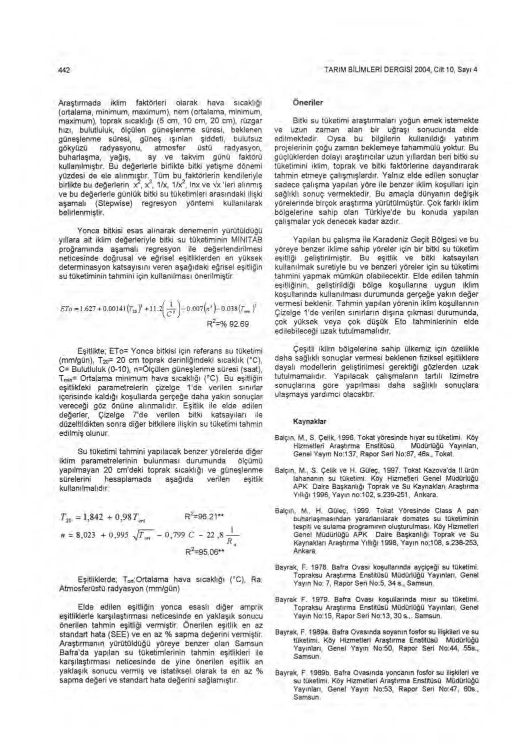 2 TARIM BILIMLRI DRGISI 200, Cilt 10, Say ı Ara şt ırmada iklim faktörleri olarak hava s ı cakl ığı (ortalama, minimum, maximum), nem (ortalama, minimum, maximum), toprak s ıcakl ığı (5 cm, 10 cm, 20