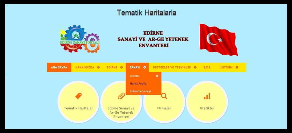 Haritalara web sayfası kullanılarak 2 farklı yoldan ulaşılabilir (Şekil 5). 1. Yol: Ana sayfada bulunan Sanayi Üst Menüsü altında bulunan Harita Analiz menüsü kullanılarak, 2.