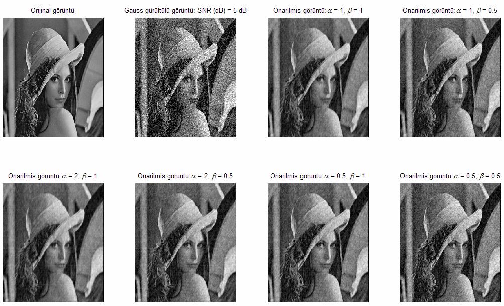 a b c d e g h Şekil 3.. a Orijial görütü; b Bozulmuş görütü: SNR db 5 db NMSE %3.8; Wieer süzgeçlemiş görütüler: c NMSE % 4.968 SNR iyileşme db 8.05; d NMSE % 6.87 SNR iyileşme db 7.3; e NMSE % 5.