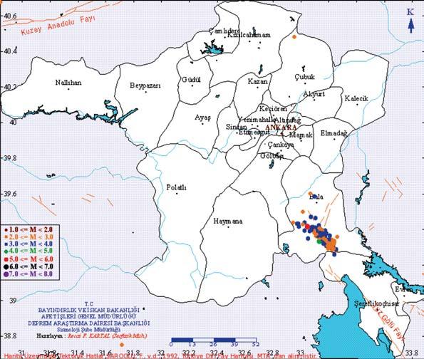 Şekil 2-20 ve 27 Aralık 2007 Depremlerinin Artçılarının dağılımı (Afet İşleri Genel Müdürlüğü Deprem Araştırma Dairesi- 21 Aralık 2007 Basın açıklaması) yapıların çoğunda dış cepheler kireçli ve