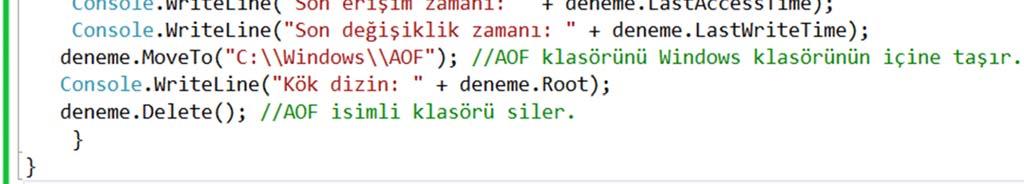 DirectoryInfo sınıfında olan fakat Directory sınıfında olmayan metodlardan bazıları aşağıda gösterilmiştir. Create ( ) Metodu: Belirtilen adreste bir klasör oluşturur.