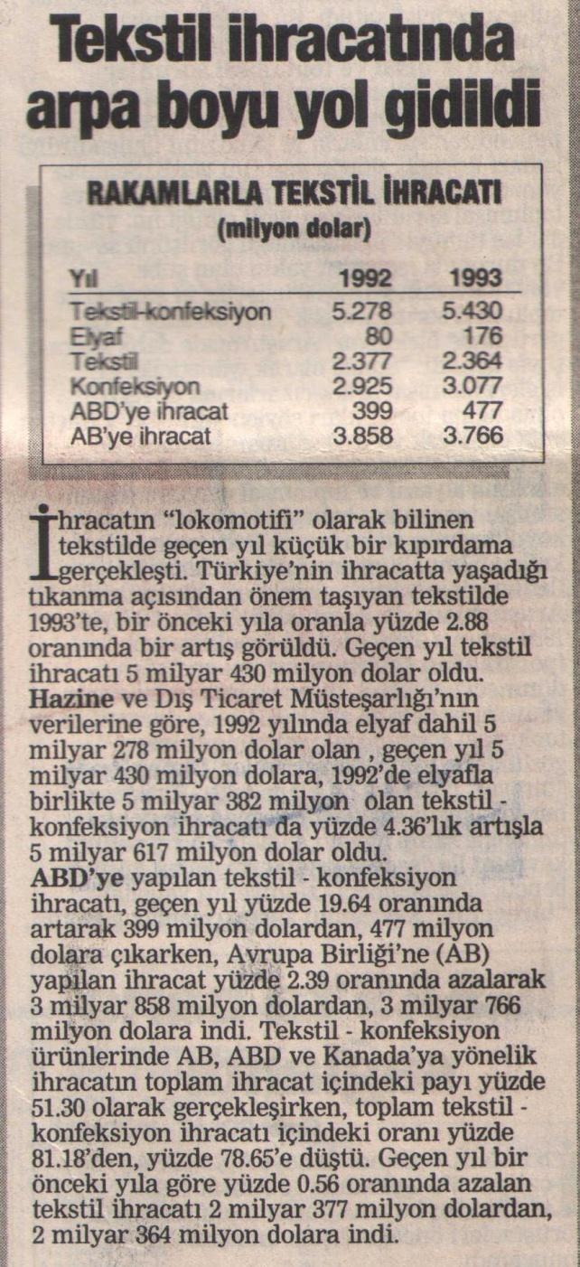 127 ġekil- 54: 4 Nisan 1994 tarihli Milliyet Gazetesi, sayfa 4 Türkiye ihracatının lokomotif sektörlerinden biri olan tekstil ve hazır giyim sektörünün 1994 krizi öncesi 1992 ve 1993 yıllarında