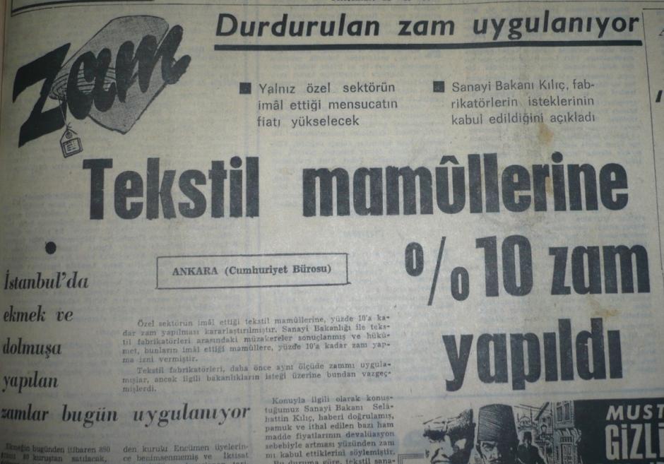 54 ġekil- 13: 7 Ekim 1970 tarihli Cumhuriyet Gazetesi, sayfa 1 Pamuk ve ithal edilen bazı hammadde fiyatlarının devalüasyon sebebiyle artması