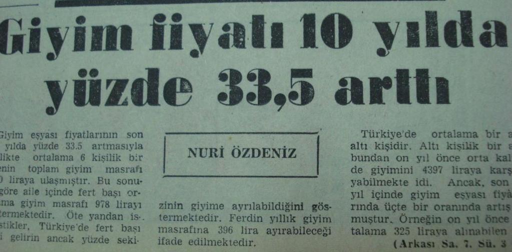 58 ġekil- 16: 12 Mayıs 1971 tarihli Cumhuriyet Gazetesi, sayfa 1-7 1971 yılında giyim fiyatlarında on yıl öncesine göre