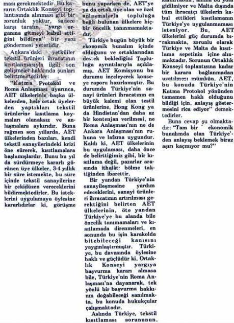 71 ġekil- 22: 6 ġubat 1979 tarihli Milliyet Gazetesi, sayfa 14 - devamı 1979 tarihli Milliyet Gazetesinden, birkaç yıldır Türkiye ve Avrupa Birliği arasında tekstil ürünleri ihracatı ile ilgili
