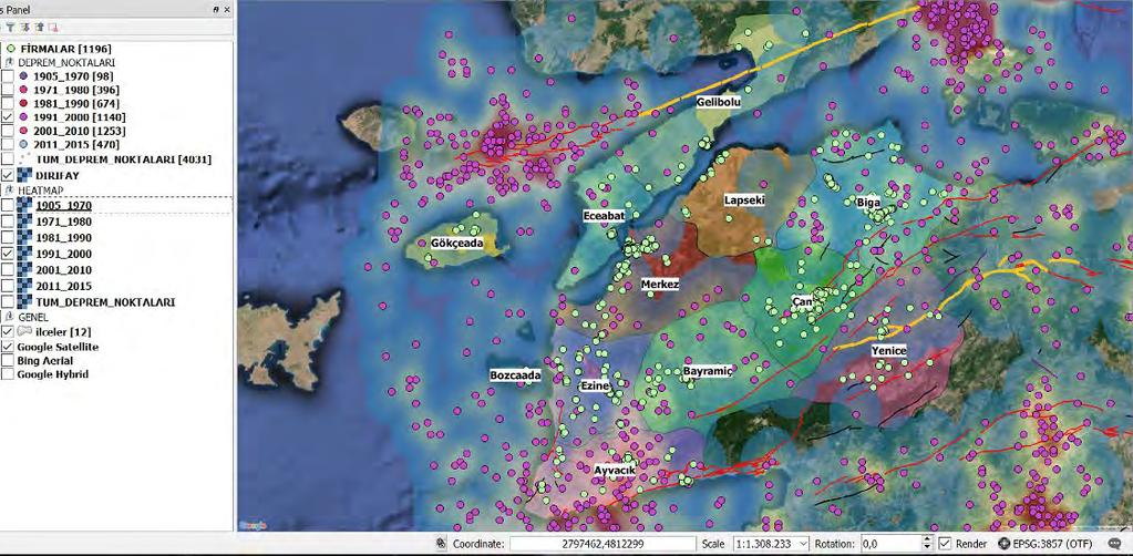 Çanakkale şehir merkezi ve civarında deprem aktivitesinin az olduğu söylenebilir (Şekil 8).