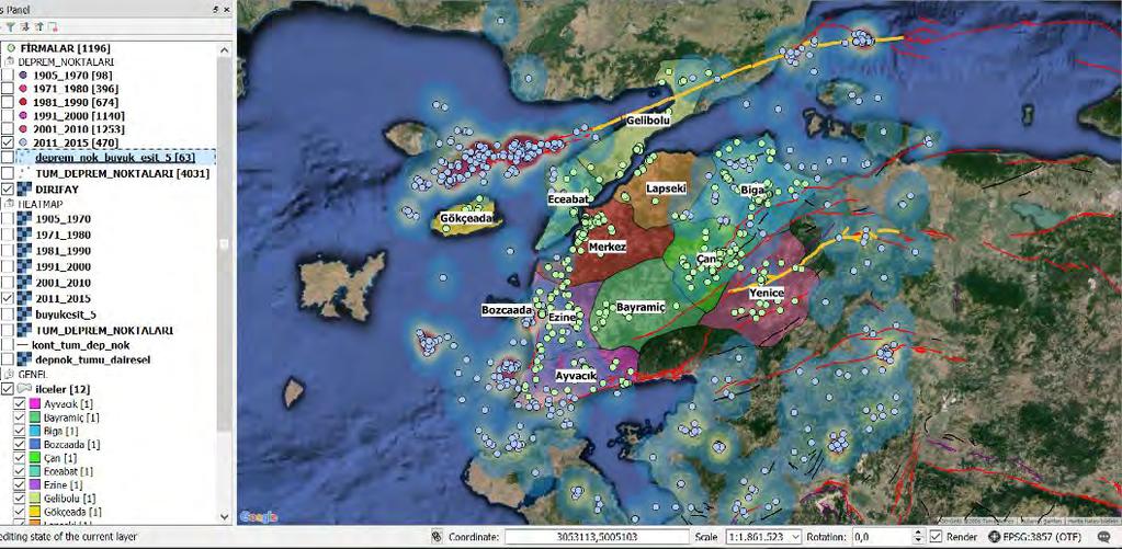 Çanakkale ili ve civarında meydana gelen 2011-2015 yılları arası 470 adet depremin dış merkez noktalarının dağılımı (Yeşil noktalar, sanayi işletmelerinin konumlarını göstermektedir).