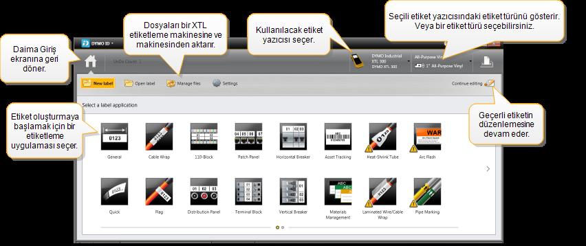 Giriş Ekranında Gezinme DYMO ID Yazılım Turu Giriş Ekranında Gezinme DYMO ID yazılımında, üç temel alanda çalışıyor olacaksınız: Giriş ekranı - bu ekrandan bir etiket uygulaması,