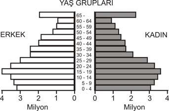 35. Aşağıdaki grafik Türkiye nin 2000 yılındaki toplam nüfusunun yaş gruplarına ve cinsiyete göre dağılımını göstermektedir. 37.