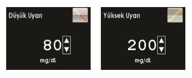 Düşük ve yüksek glikoz uyarı değerlerinizi ayarlayın. Düşük ve yüksek glikoz uyarıları önceden 80 mg/dl ve 200 mg/dl olarak ayarlanmıştır ancak ihtiyaçlarınız doğrultusunda değiştirebilir.