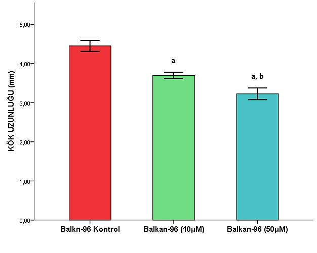 Şekil 4.1. Balkan-96 çeşidinde 10 μm ve 50 μm Arsenik konsantrasyonuna göre kök uzunluğunun kontrol grubuna göre değişimi a: kontrol grubu ile karşılaştırma, p<0.